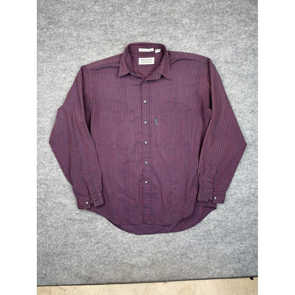 Vintage Levis Silver Label Mens Large Burgundy Pinstripe Button Down Shirt 90s